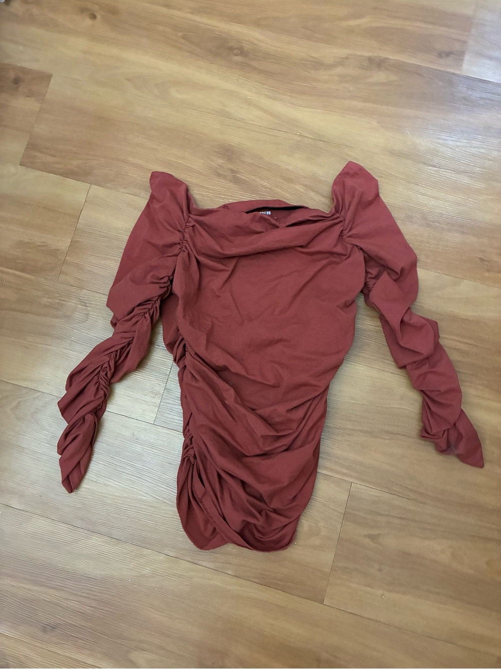 Maeve Anthropologie rust-colored off the-shoulder top with ruched long sleeves